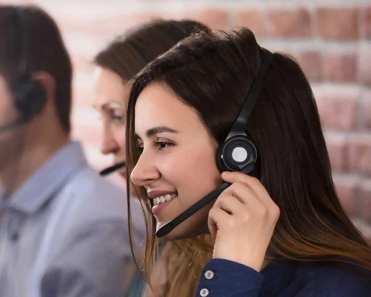 A row of workers in a call center