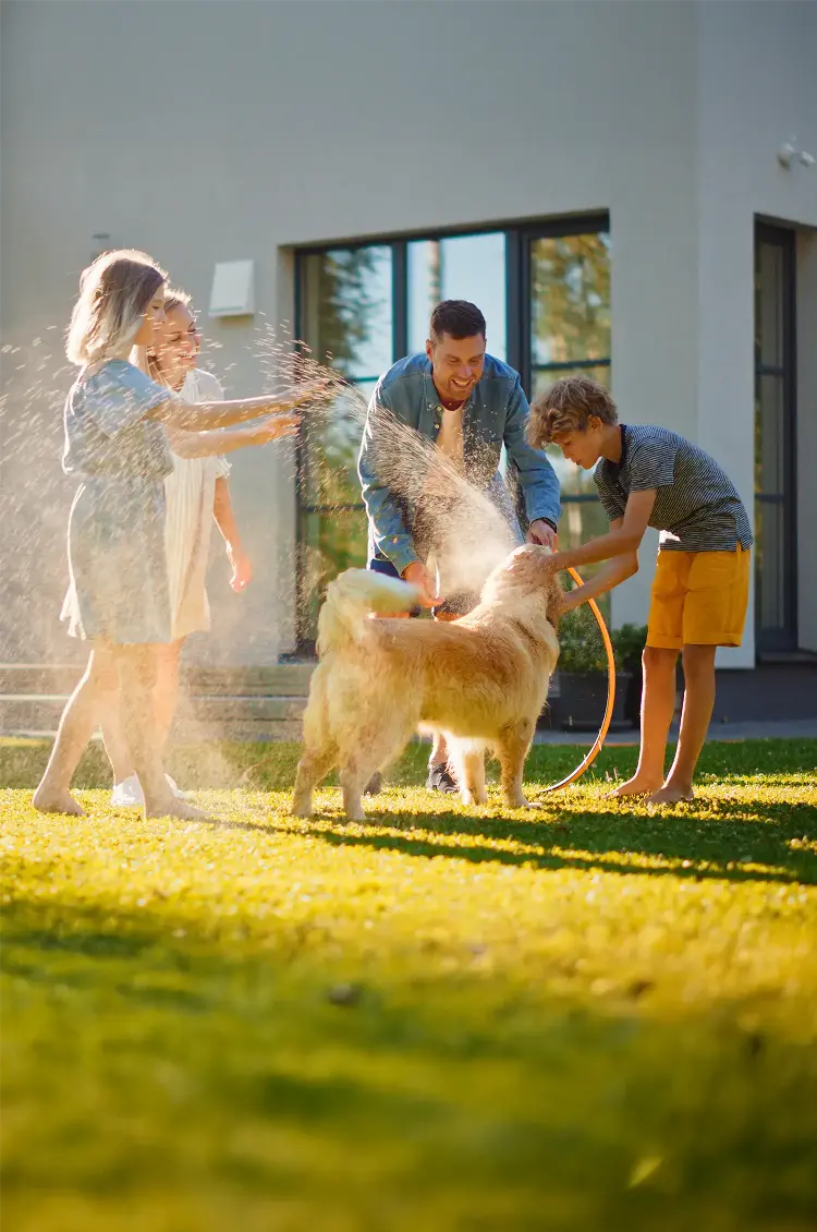 family in front yard washing dog