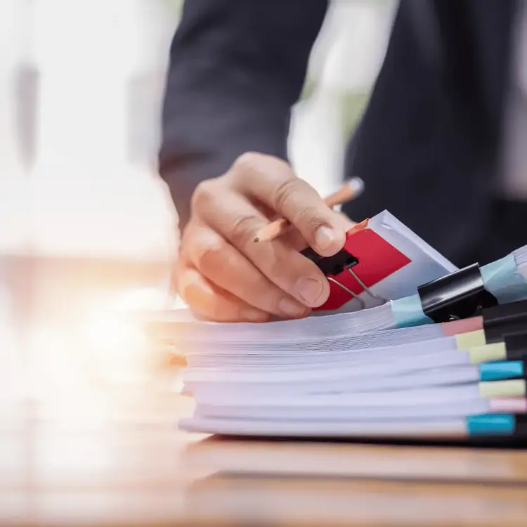 Person with stacks of paper on desk