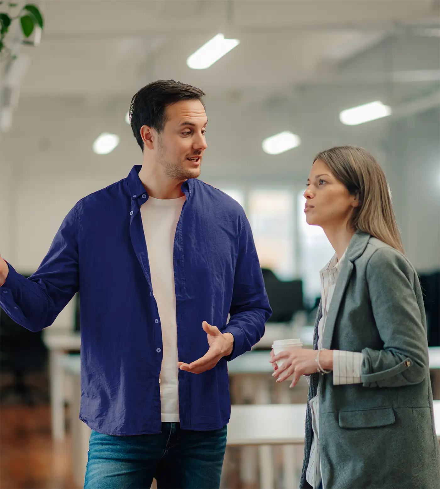 man and woman talking