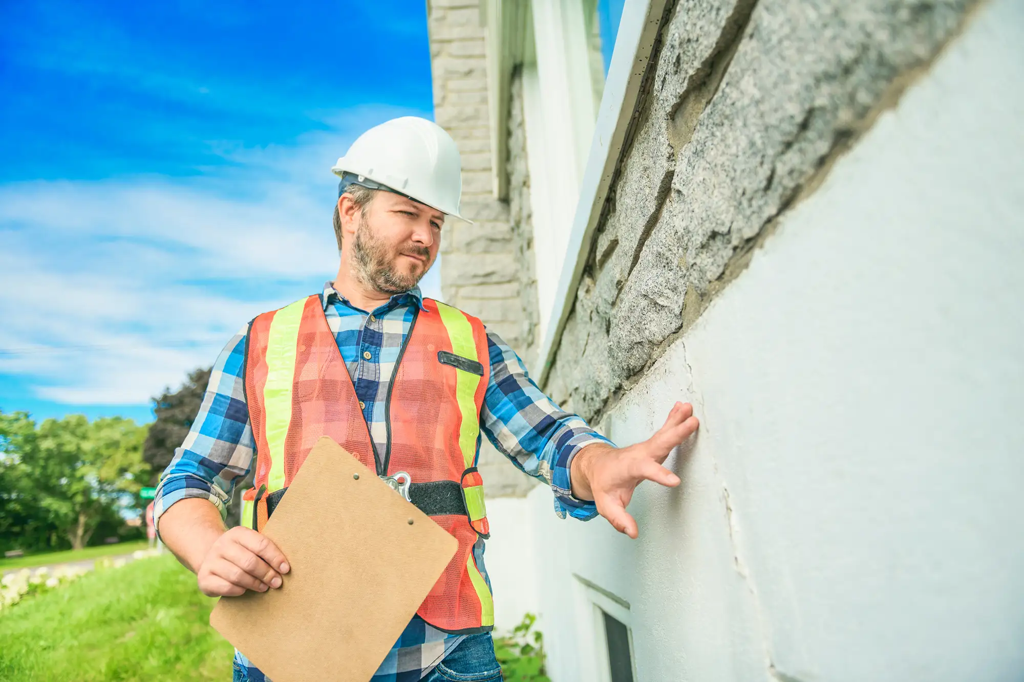 inspector inspecting house exterior wall