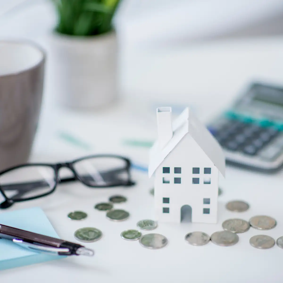 paper home with change and glasses with pen