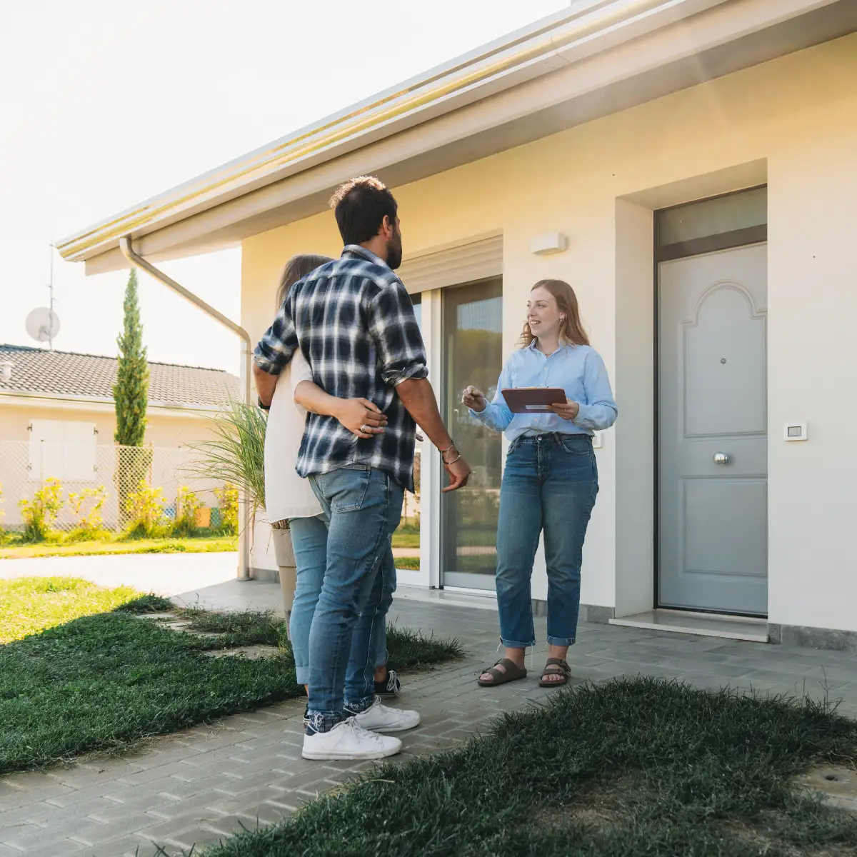 couple speaking with agent outside of house